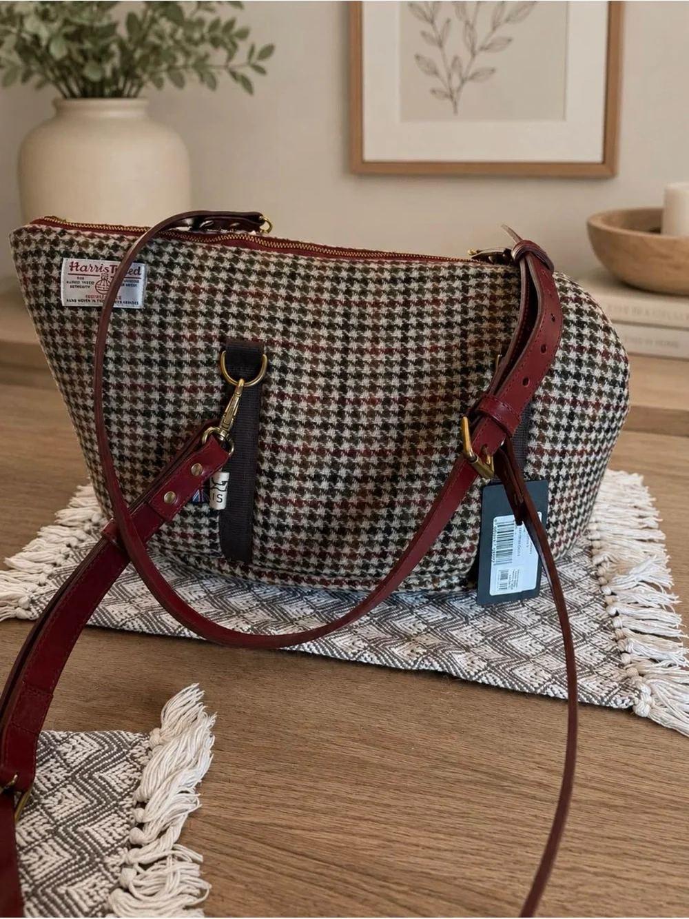 Harris Tweed Houndstooth Pet Carrier Shoulder Bag - Burgundy Trim size small